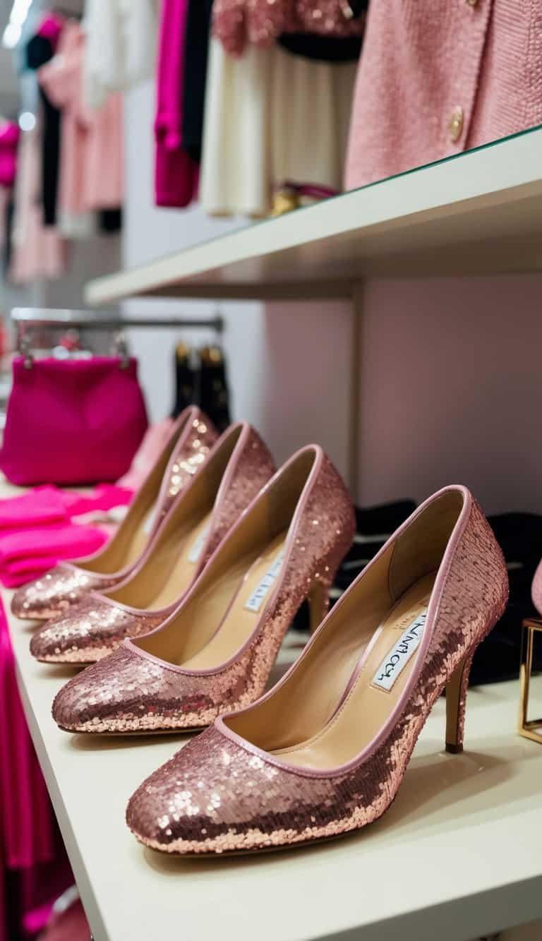 A row of retro rose sequin stilettos lined up on a display shelf, surrounded by various pink outfit pieces for a feminine touch