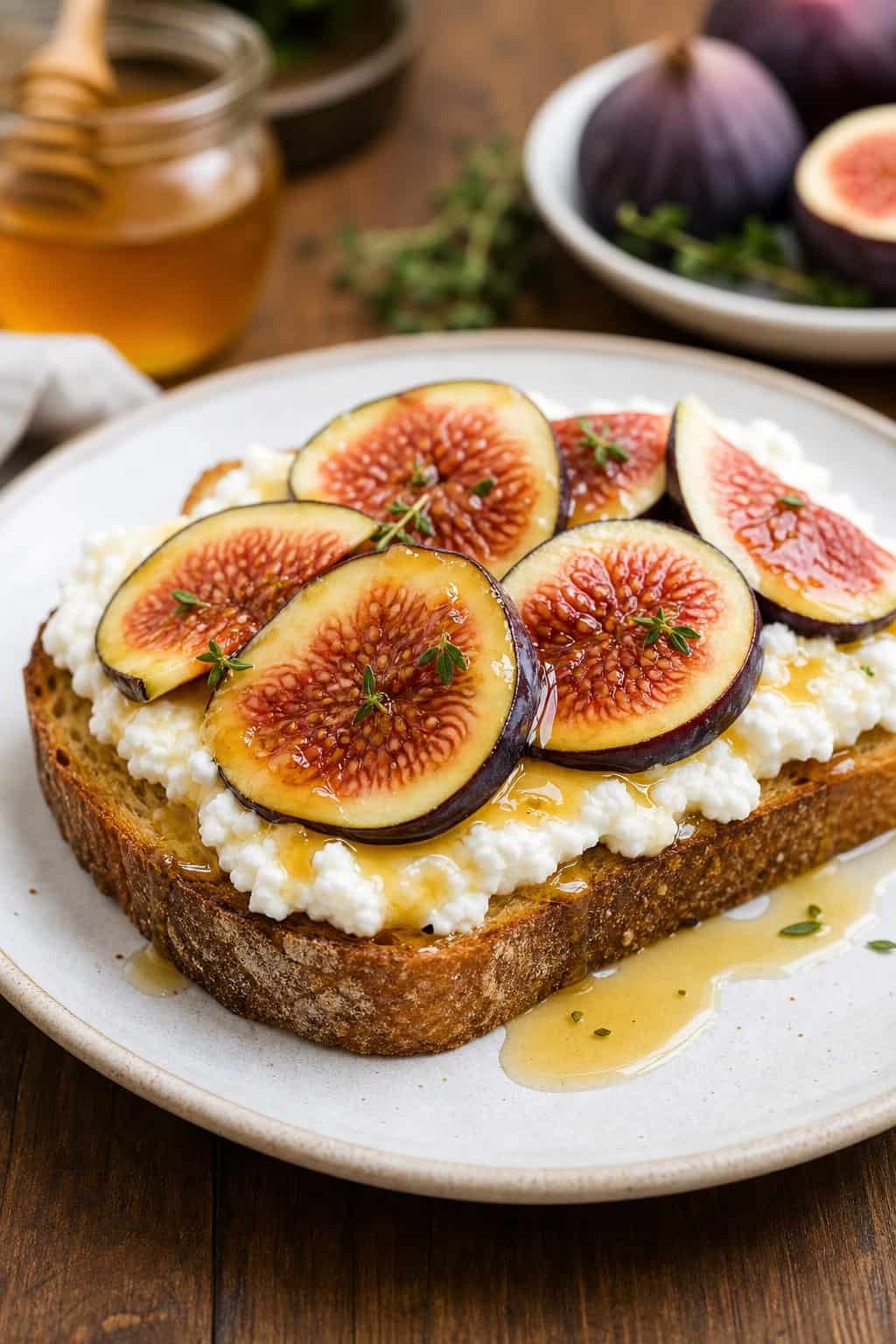 A slice of ricotta toast topped with fresh fig slices and honey on a plate.