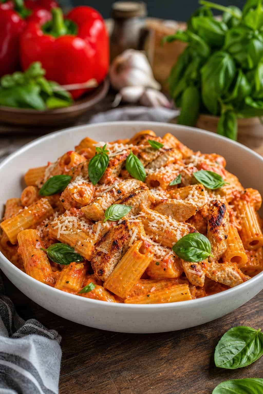 A bowl of roasted red pepper chicken rigatoni pasta garnished with basil and Parmesan cheese on a wooden table.