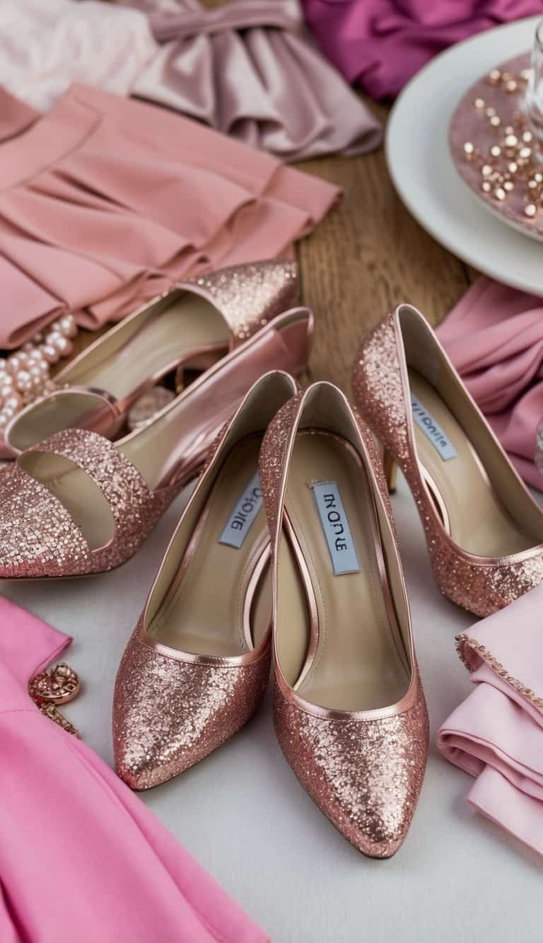 A pair of rose gold glitter heels surrounded by various pink outfit pieces, such as dresses, skirts, and blouses, creating a feminine and stylish scene