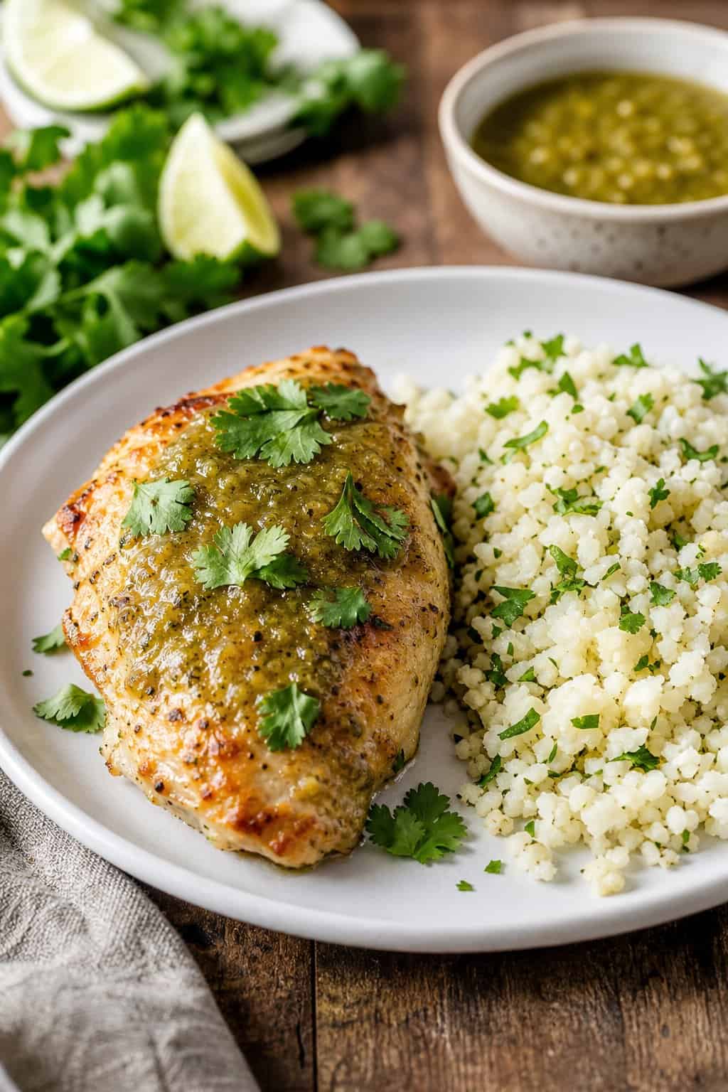 A plate of salsa-verde baked chicken with cauliflower rice garnished with fresh cilantro on a wooden table.