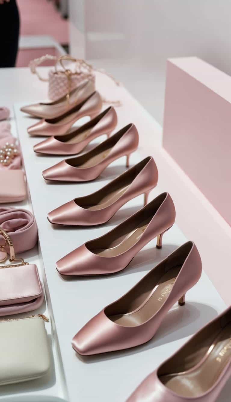 A row of satin blush heels displayed on a sleek white surface, surrounded by soft pink and pastel colored accessories