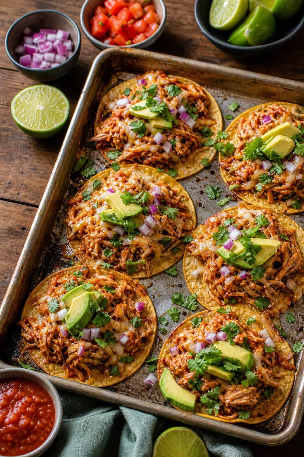 Sheet pan filled with BBQ canned chicken tacos topped with cheese, cilantro, and avocado slices on a wooden table with small bowls of salsa and lime wedges nearby.