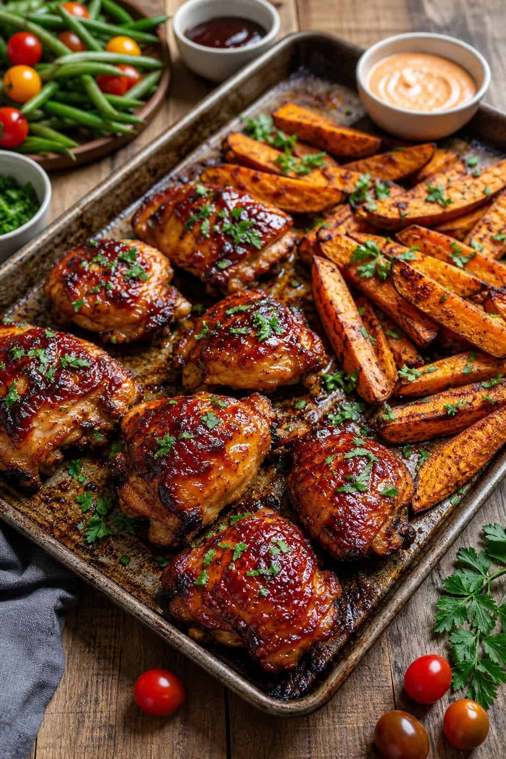 23 Healthy Chicken and Vegetable Recipes 14 A sheet pan with BBQ chicken and golden sweet potato wedges on a wooden table, surrounded by fresh vegetables and dipping sauces.