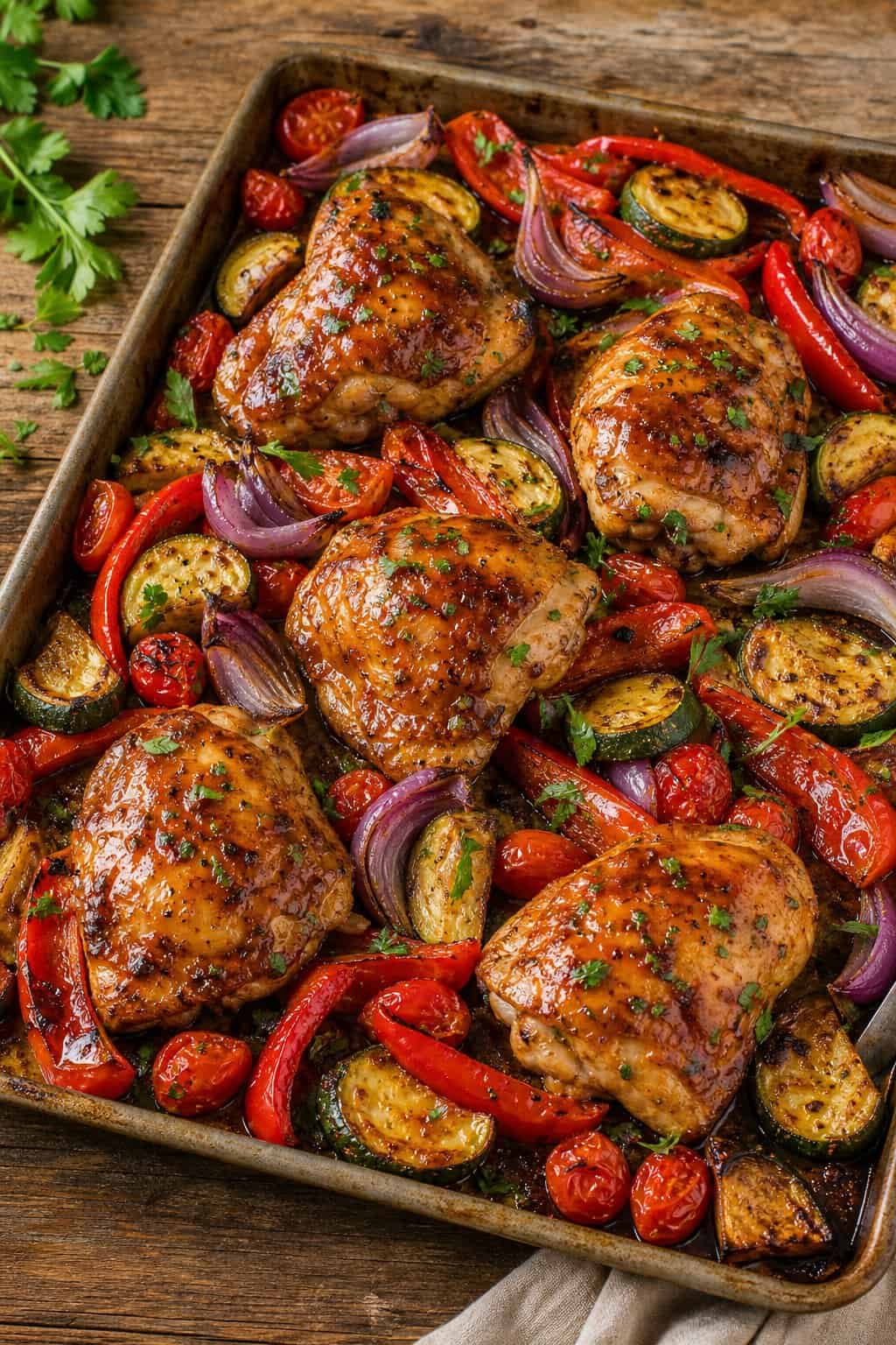 25 Chicken Thigh Recipes for Easy Weeknight Dinners 7 Sheet pan with BBQ ranch chicken thighs and roasted vegetables on a wooden table.