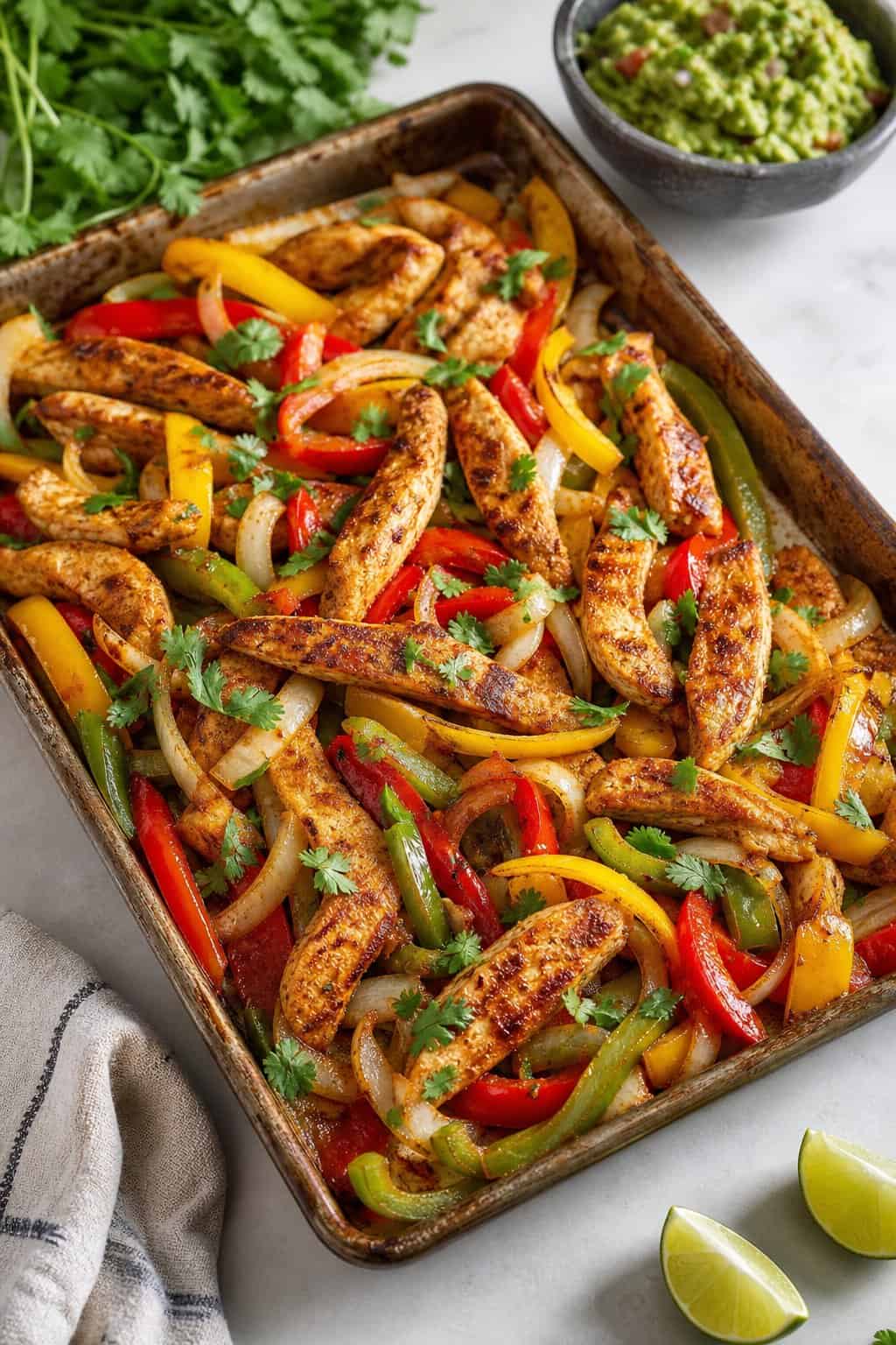 Sheet-pan chicken fajitas with colorful bell peppers and onions roasted together, garnished with fresh cilantro.