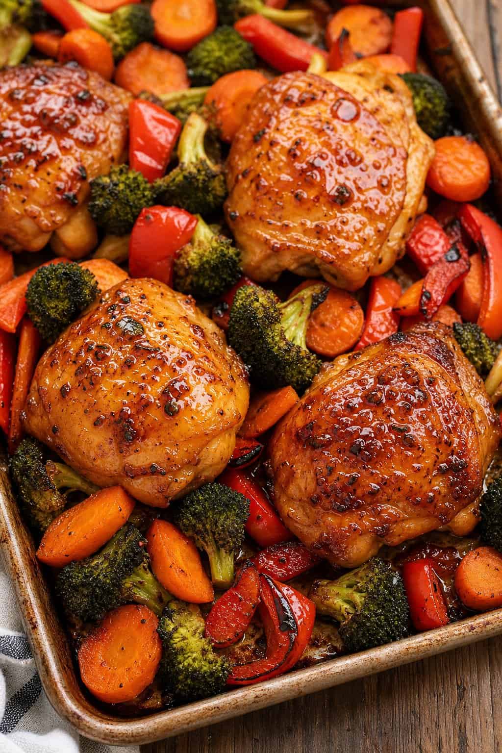 23 Honey Garlic Chicken Thigh Recipes You’ll Absolutely Love! 3 A sheet pan with honey garlic chicken thighs and roasted vegetables including carrots, broccoli, and red bell peppers.