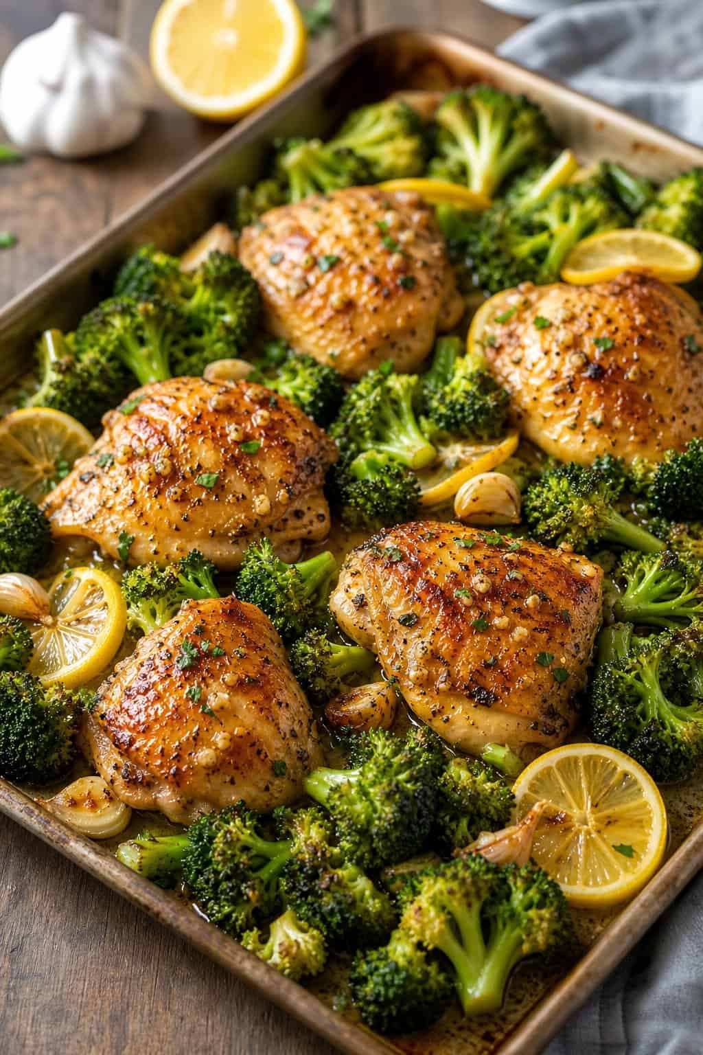 23 Healthy Chicken and Vegetable Recipes 2 A sheet pan with roasted lemon-garlic chicken thighs and broccoli florets.