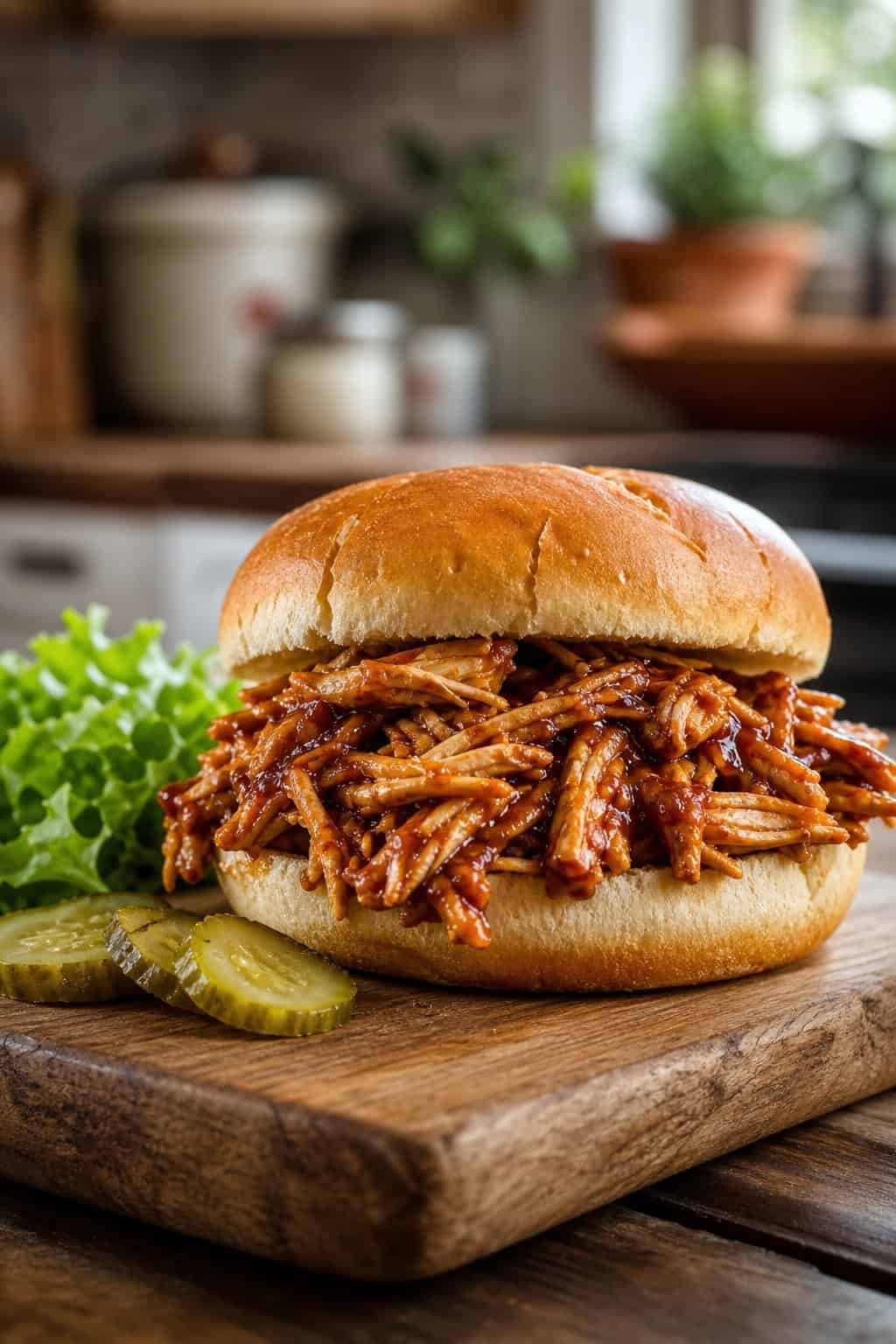 A shredded BBQ chicken sandwich on a toasted bun with lettuce and pickles on a wooden board.