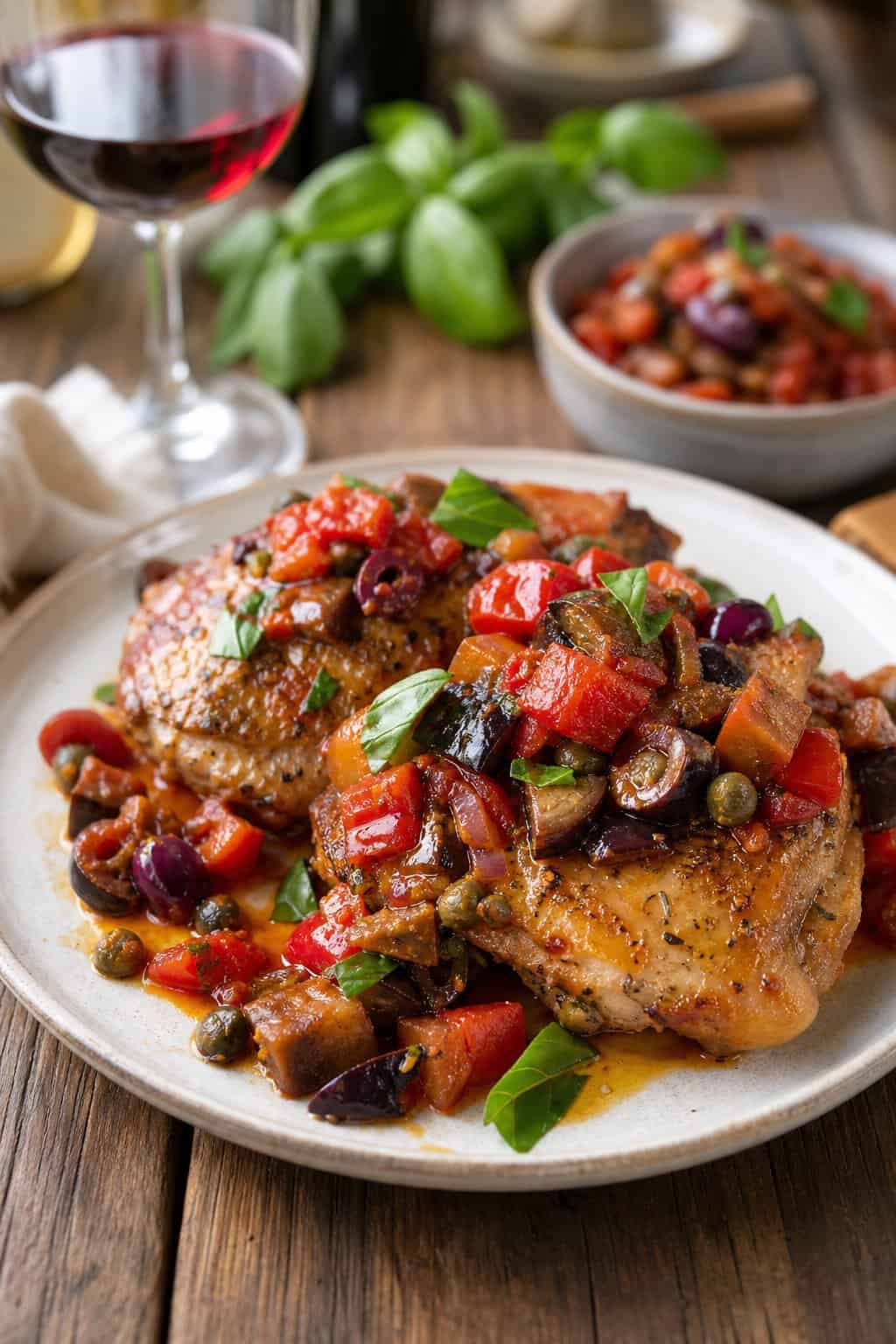 A plate of golden chicken thighs topped with colorful Sicilian caponata, placed on a wooden table with fresh herbs and a glass of red wine nearby.