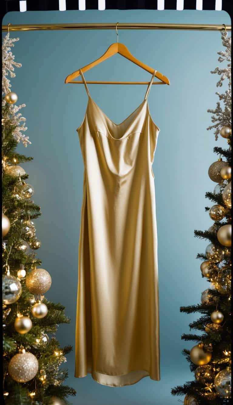 A silk slip dress hanging on a golden hanger, surrounded by sparkling accessories and festive decorations