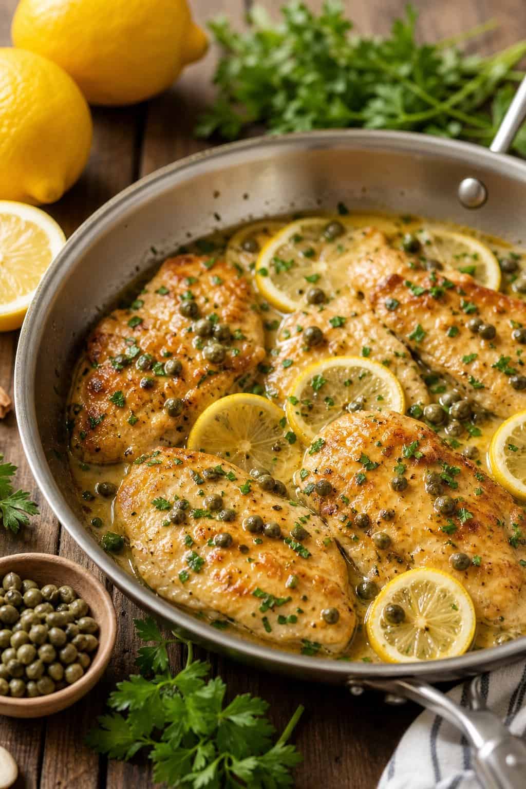 A skillet with cooked chicken piccata topped with capers and lemon slices on a wooden table with fresh ingredients around it.
