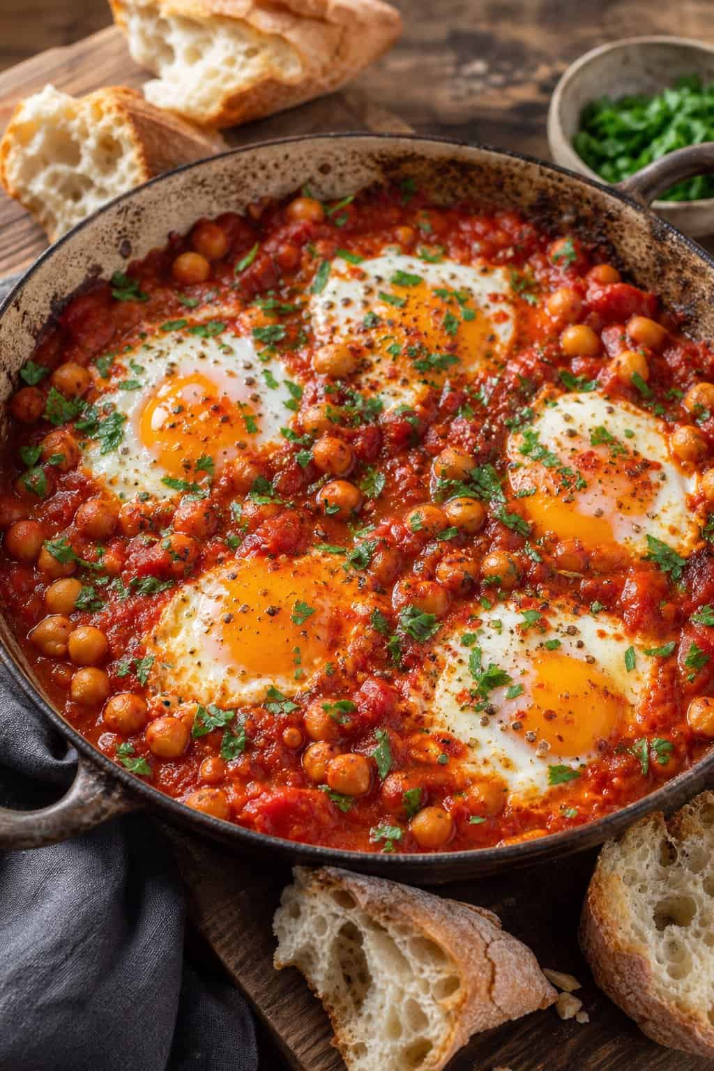 14 Easy Recipes For 2 People With Zero Waste: Delicious Meals for Two Without the Waste 6 A skillet of chickpea shakshuka with poached eggs and fresh herbs, served with torn pieces of stale bread on a wooden table.