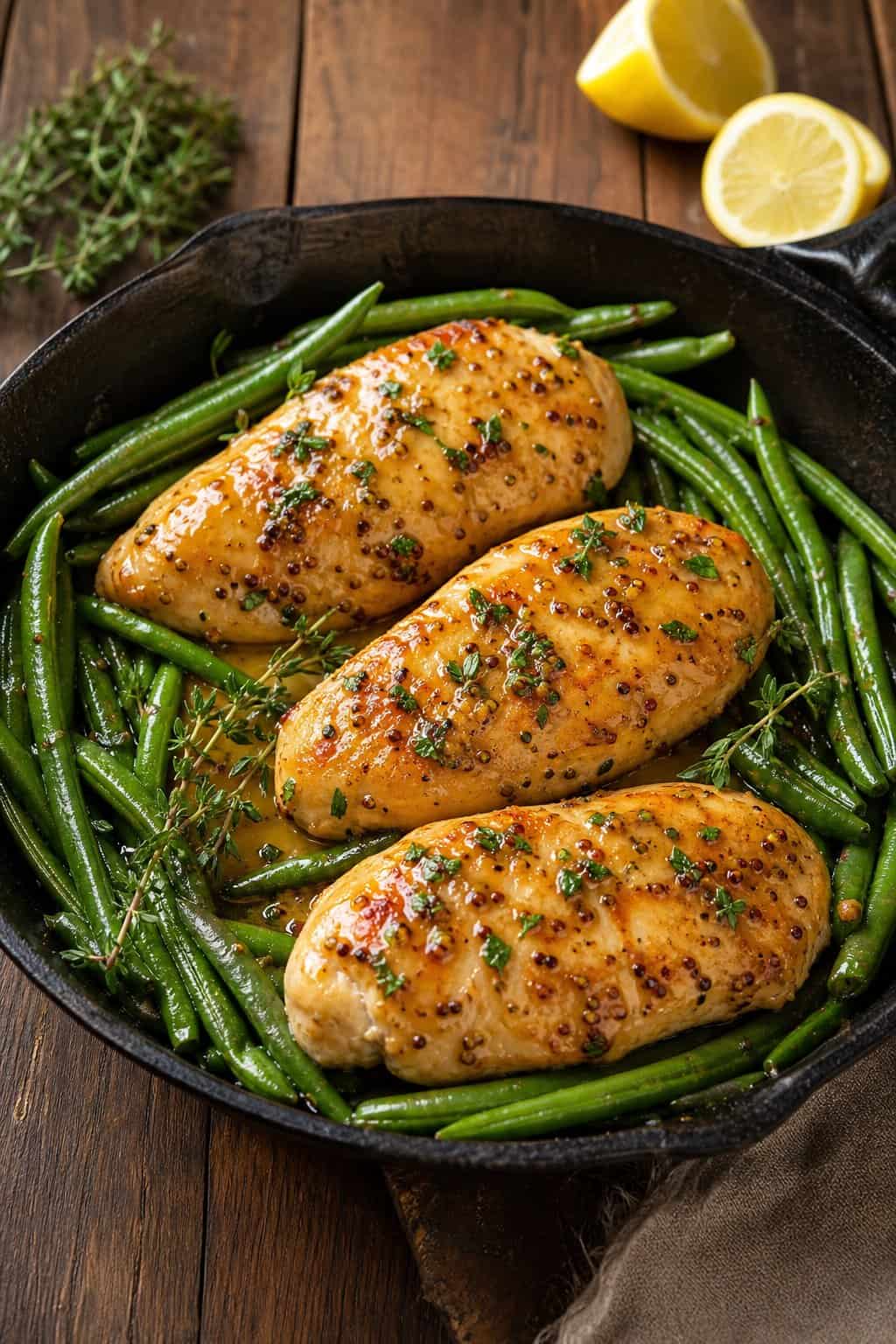 A skillet with honey-mustard glazed chicken breasts and green beans on a wooden table.
