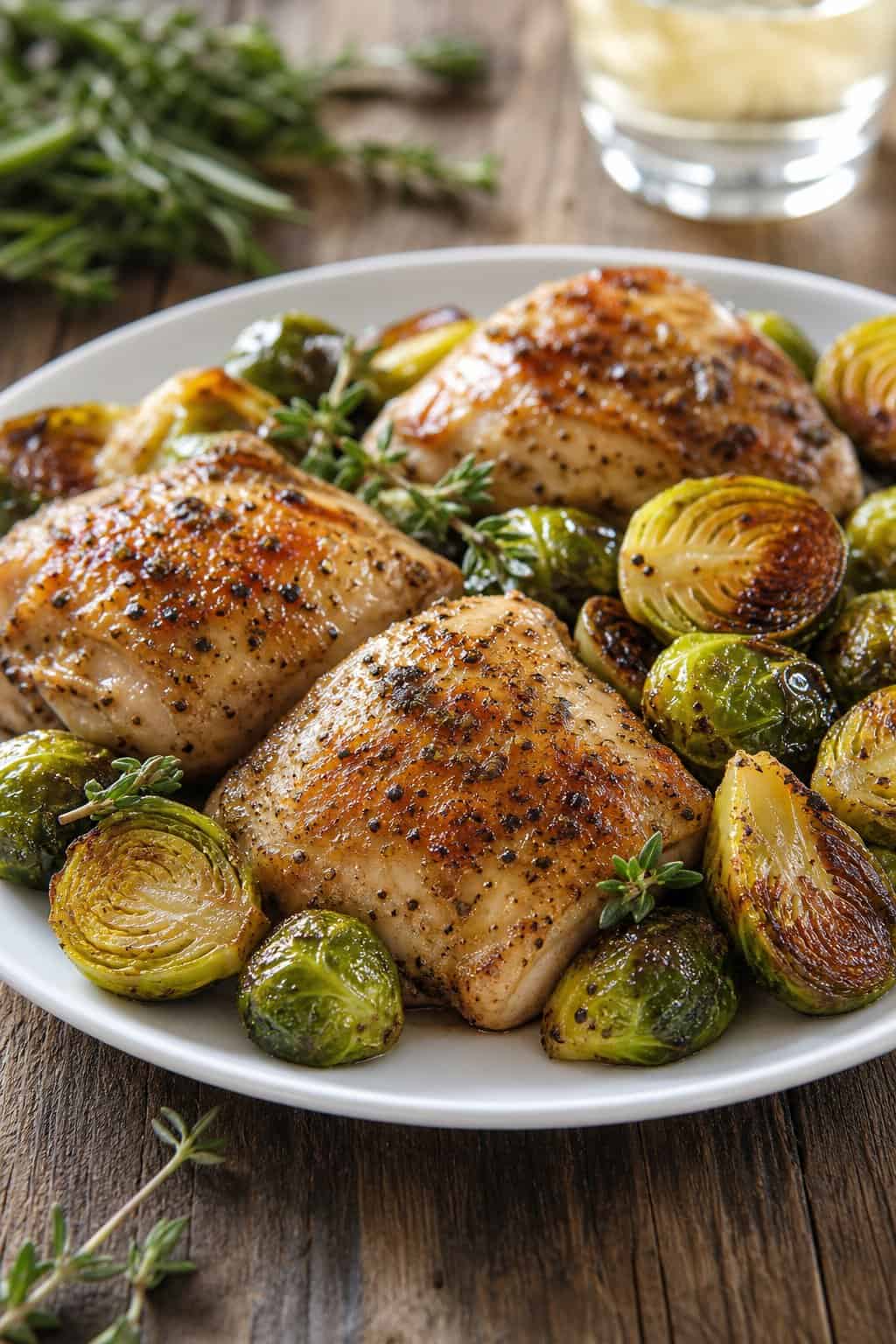 22 Heart-Healthy Chicken Recipes to Keep You Feeling Great! 4 Plate with cooked skinless chicken thighs and roasted Brussels sprouts on a wooden table.