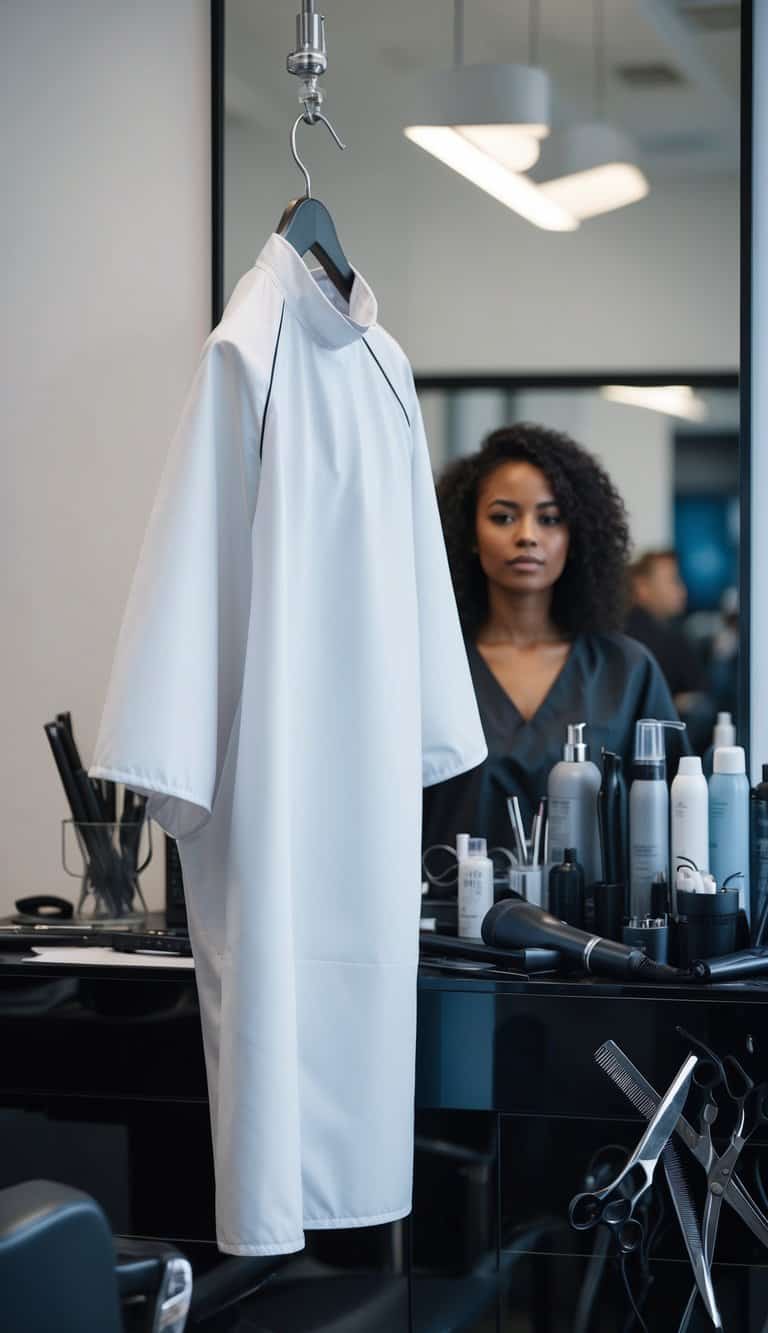 A sleek white hairdresser smock hangs neatly on a hanger, surrounded by various hairdressing tools and accessories, creating a professional and stylish atmosphere