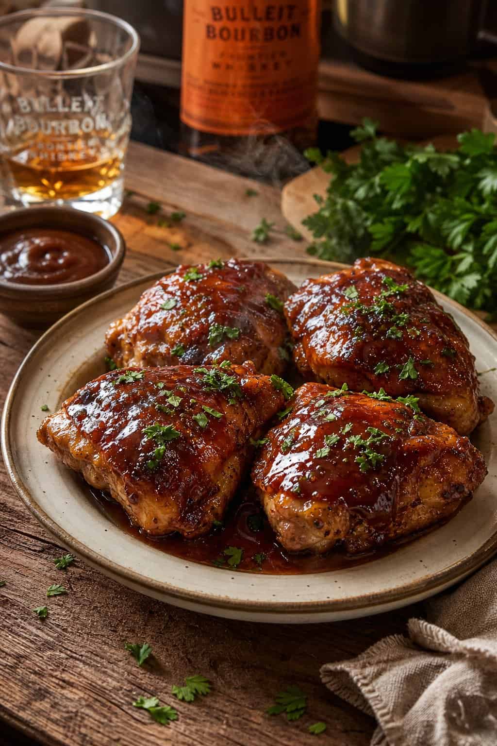 25 Chicken Thigh Recipes for Easy Weeknight Dinners 4 A plate of glazed BBQ bourbon chicken thighs garnished with parsley on a rustic table with a small bowl of sauce and a glass of bourbon nearby.