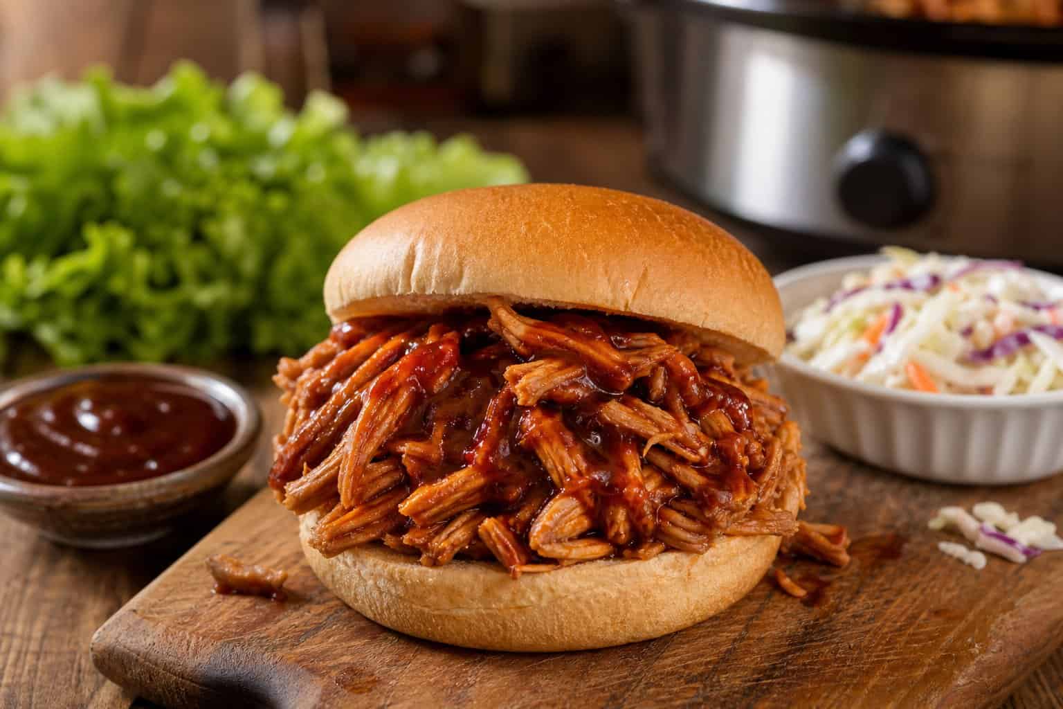 A shredded BBQ chicken sandwich on a bun with lettuce and coleslaw on a wooden table.