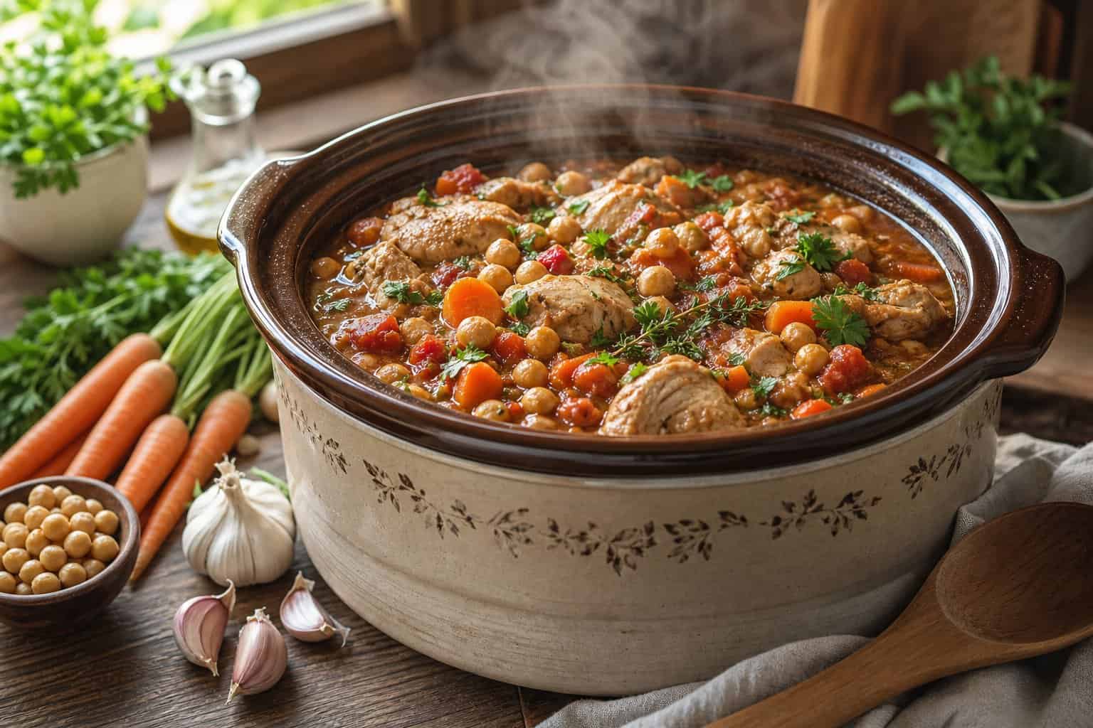 A slow cooker filled with chicken and chickpea stew on a wooden countertop surrounded by fresh ingredients.