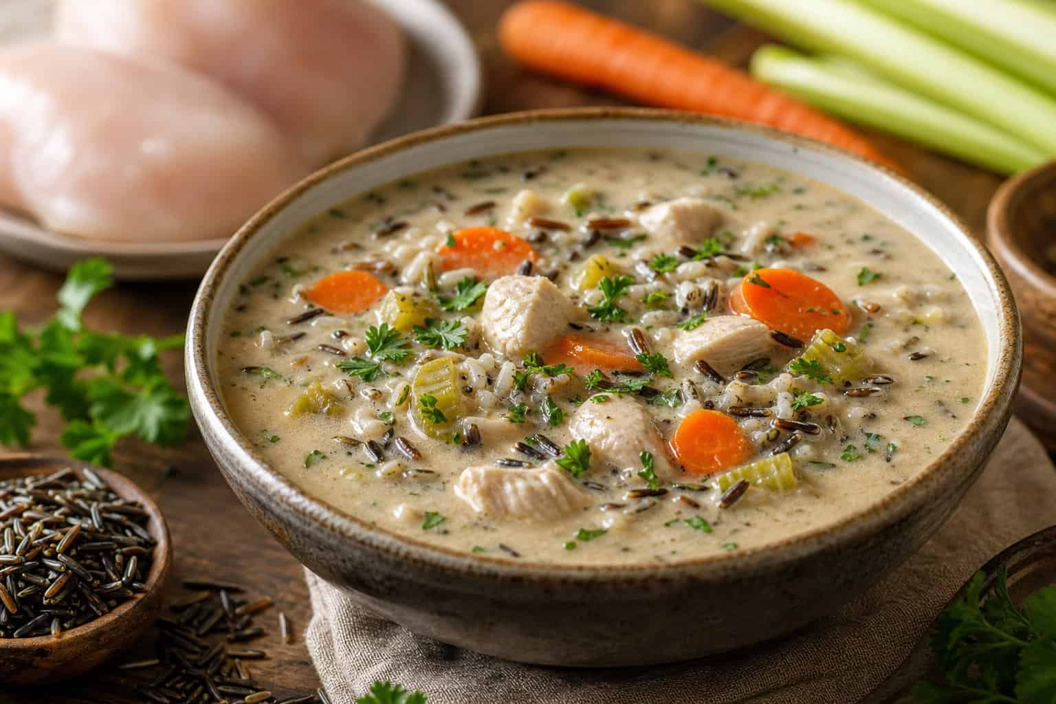 A bowl of slow cooker chicken and wild rice soup with vegetables on a wooden table, surrounded by fresh ingredients.