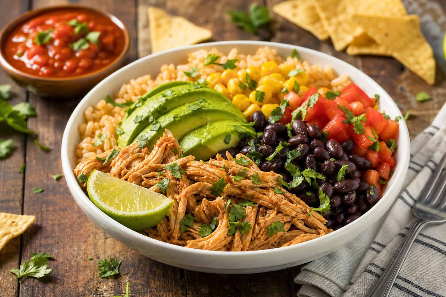 A bowl of slow cooker chicken burrito with rice, black beans, avocado, tomatoes, corn, and lime on a wooden table.