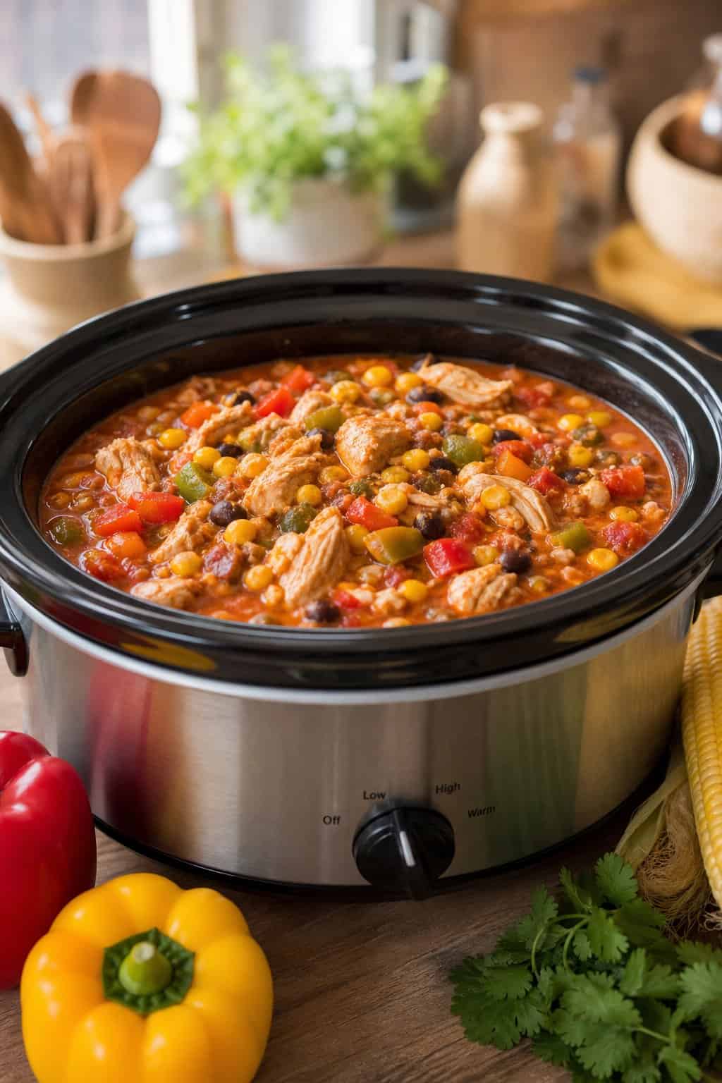 A slow-cooker filled with chicken chili containing corn and colorful bell peppers on a wooden kitchen countertop with fresh vegetables nearby.