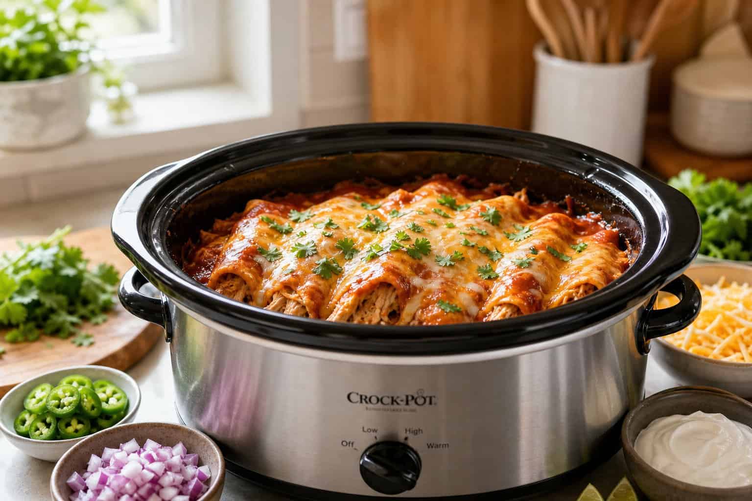 Slow-cooker filled with chicken enchiladas surrounded by fresh ingredients on a kitchen counter.