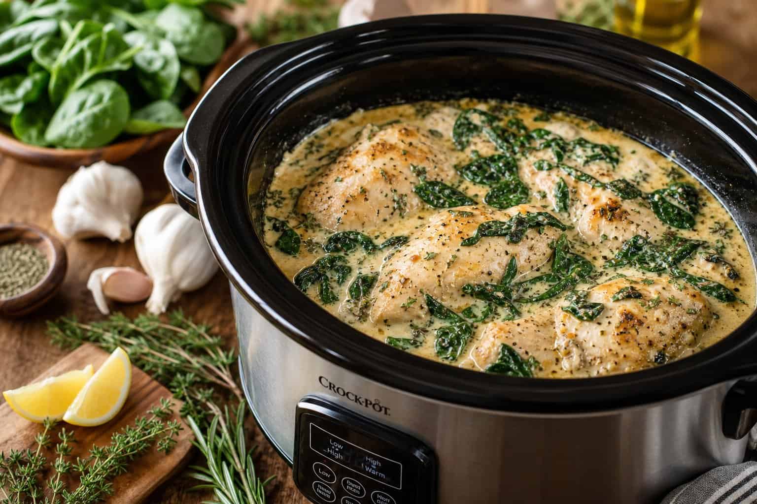 Slow cooker filled with creamy chicken and spinach dish on a wooden kitchen table with fresh ingredients around it.