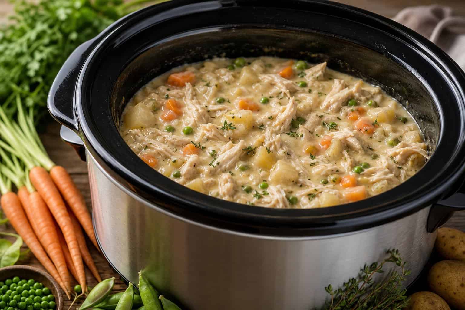 Slow cooker filled with creamy chicken pot pie filling surrounded by fresh vegetables on a kitchen countertop.