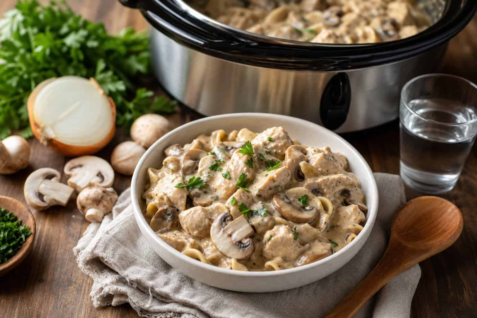 A bowl of creamy chicken stroganoff with mushrooms on a wooden table next to a slow cooker and fresh ingredients.