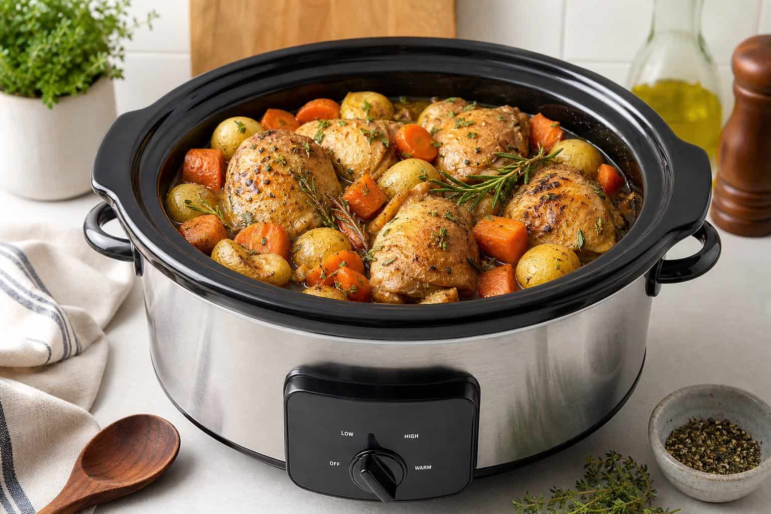Slow cooker filled with cooked chicken, potatoes, and carrots on a kitchen countertop.