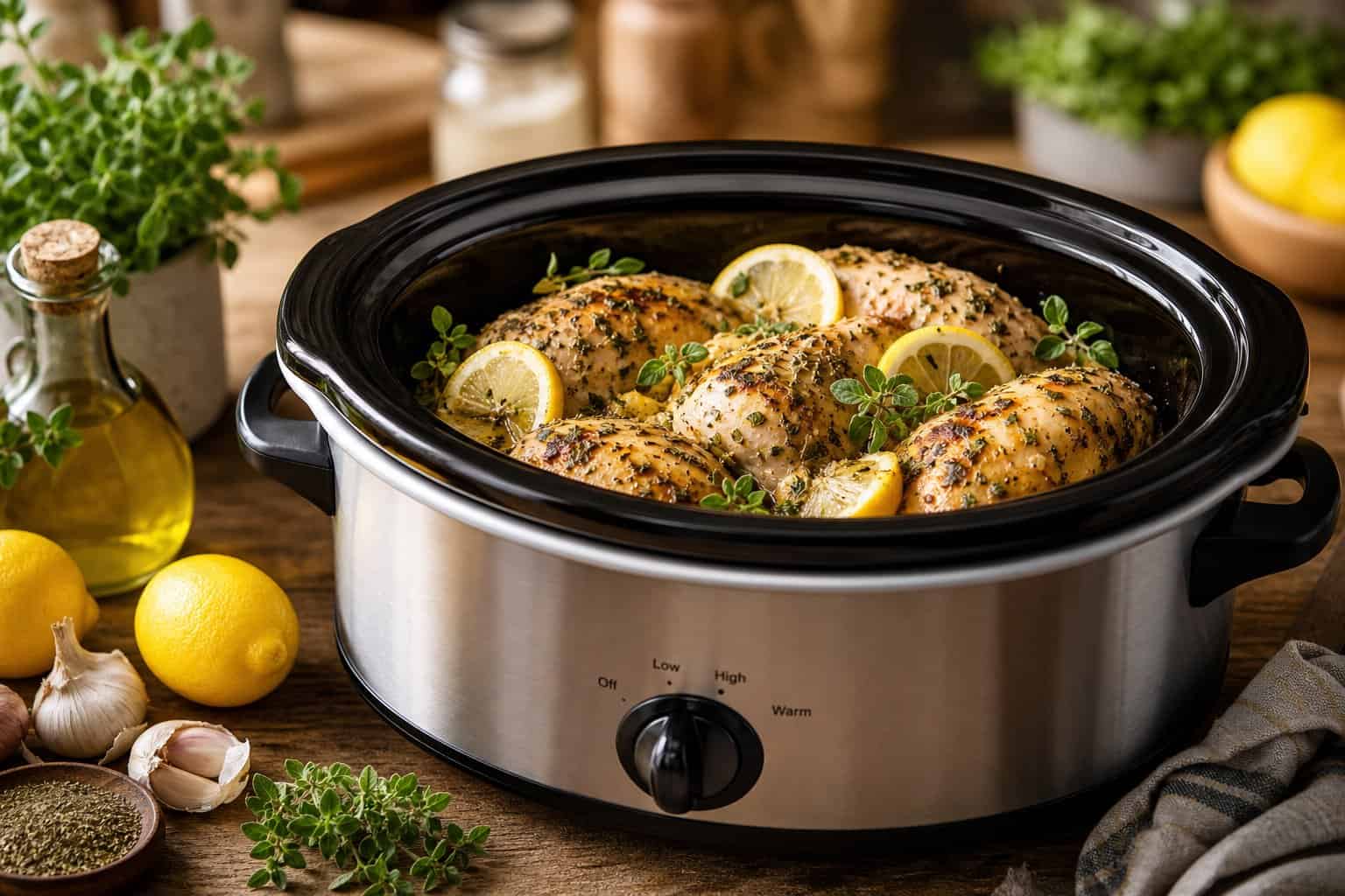 Slow cooker filled with cooked lemon-oregano chicken garnished with lemon slices and herbs on a wooden table with fresh ingredients around it.