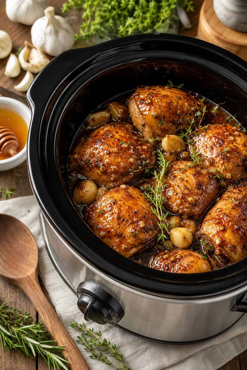 Slow cooker with honey garlic chicken thighs surrounded by fresh garlic, herbs, and honey on a wooden countertop.