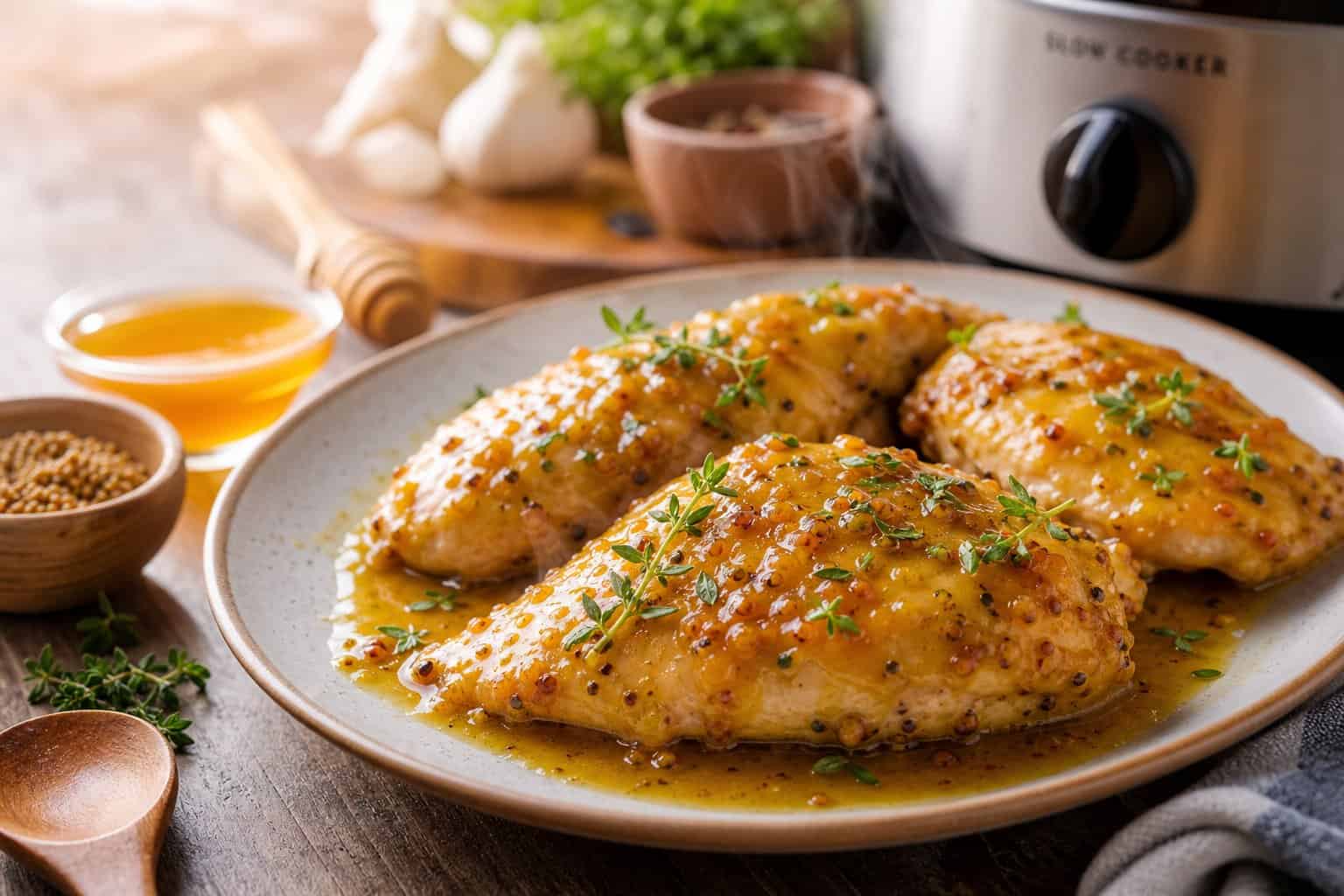 Close-up of glazed honey mustard chicken breasts in a slow cooker with fresh herbs and kitchen ingredients around.