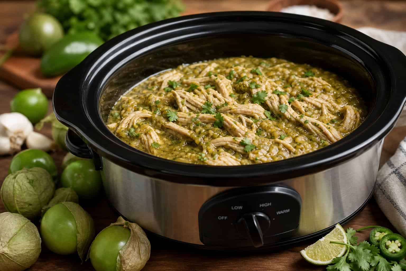 Slow cooker filled with green salsa chicken surrounded by fresh tomatillos, garlic, lime, cilantro, and jalapeños on a wooden countertop.