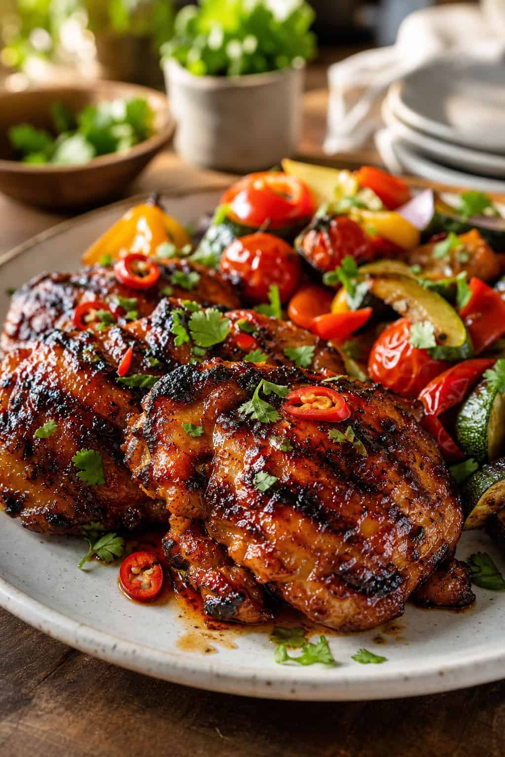 A plate of glazed smoky chipotle honey chicken thighs garnished with herbs and red chili slices, served with roasted vegetables.