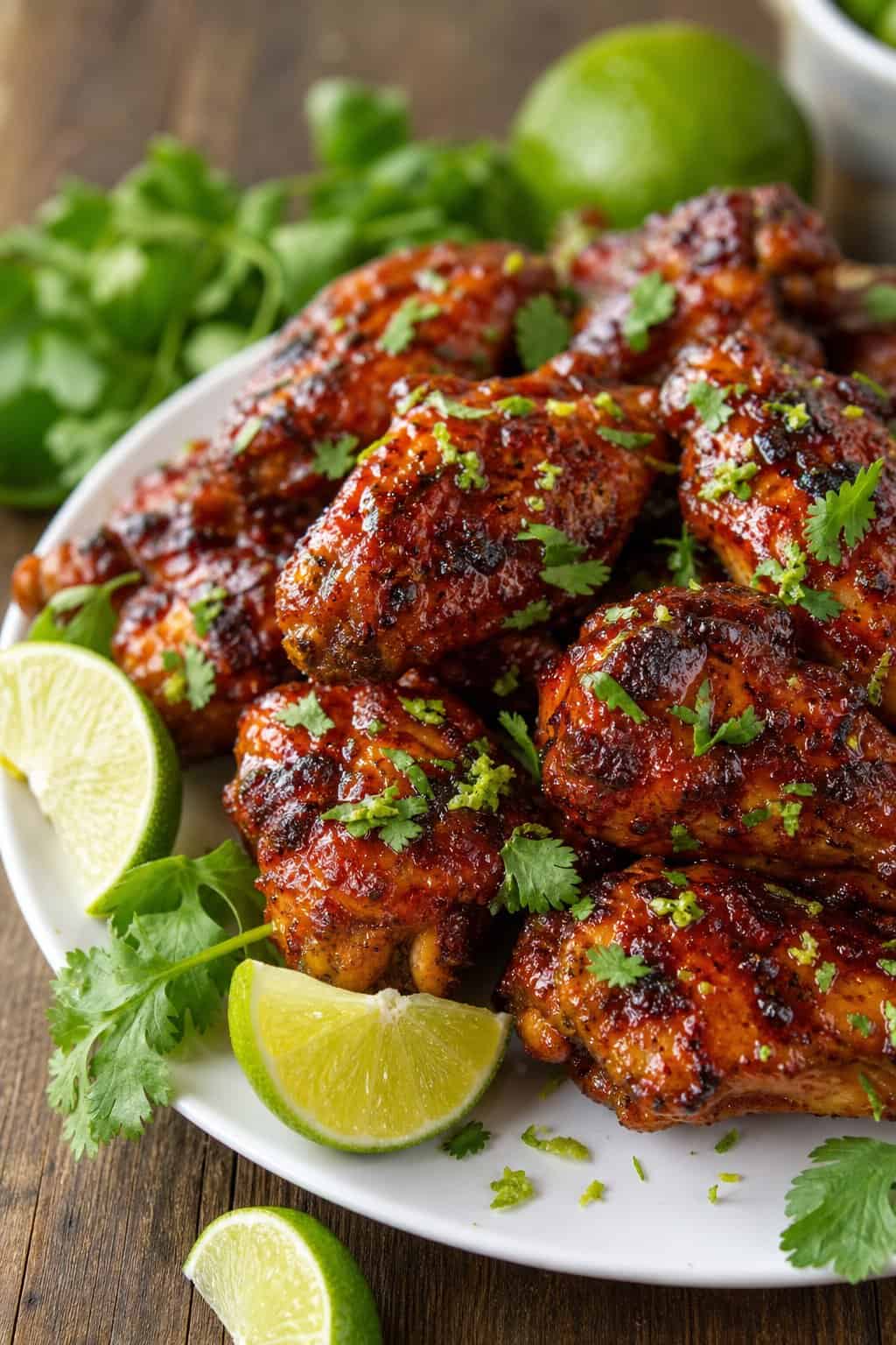 Plate of smoky chipotle lime chicken wings garnished with cilantro and lime wedges on a wooden table.