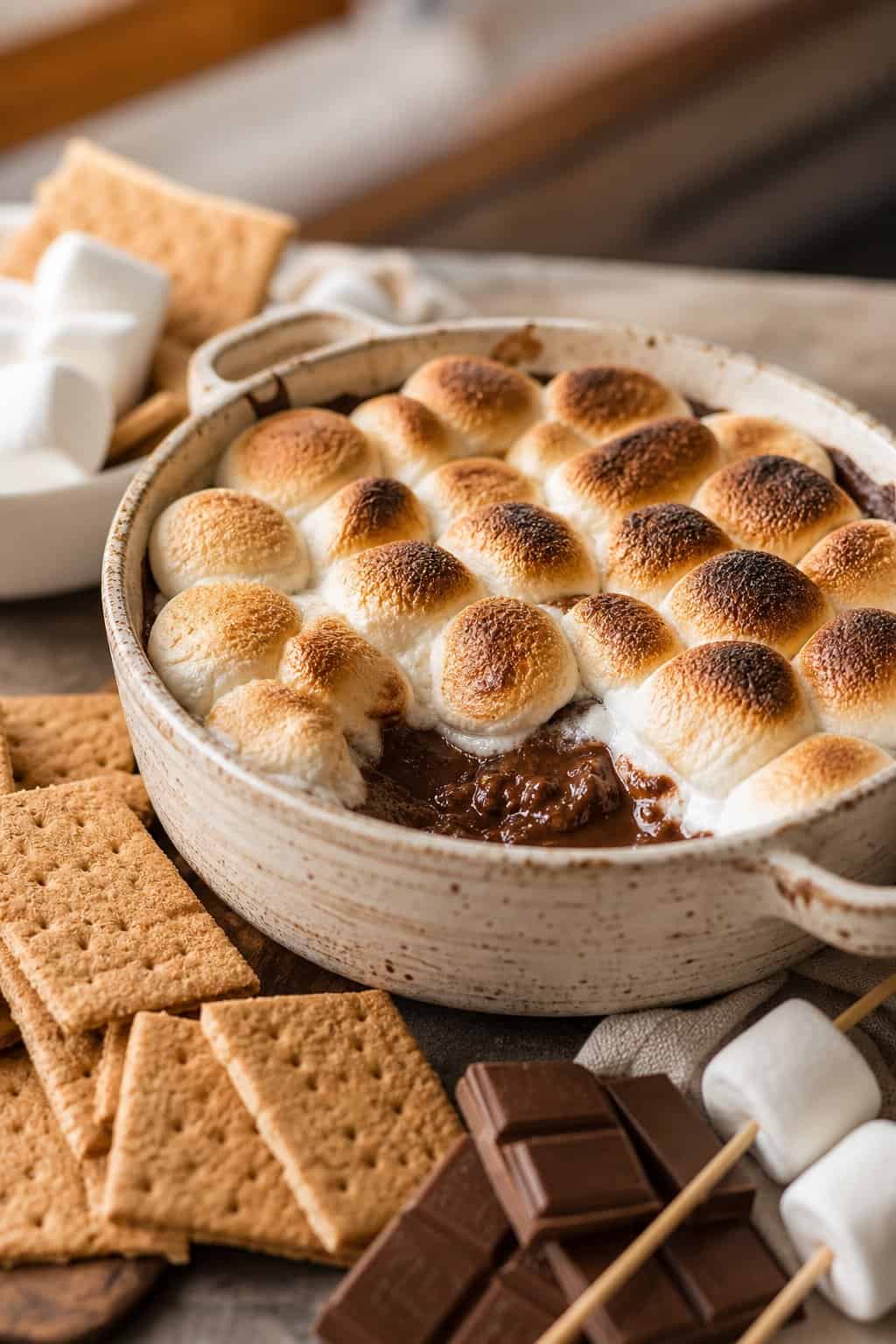 A warm dish of melted s'mores dip topped with toasted marshmallows, surrounded by graham crackers and chocolate pieces on a kitchen countertop.
