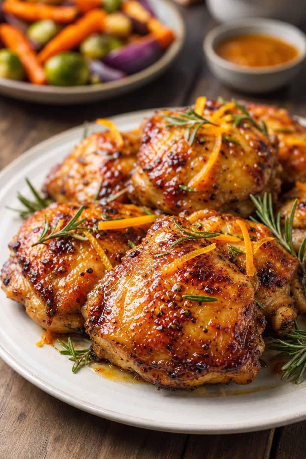 A plate of glazed chicken thighs garnished with rosemary and orange slices on a wooden table.