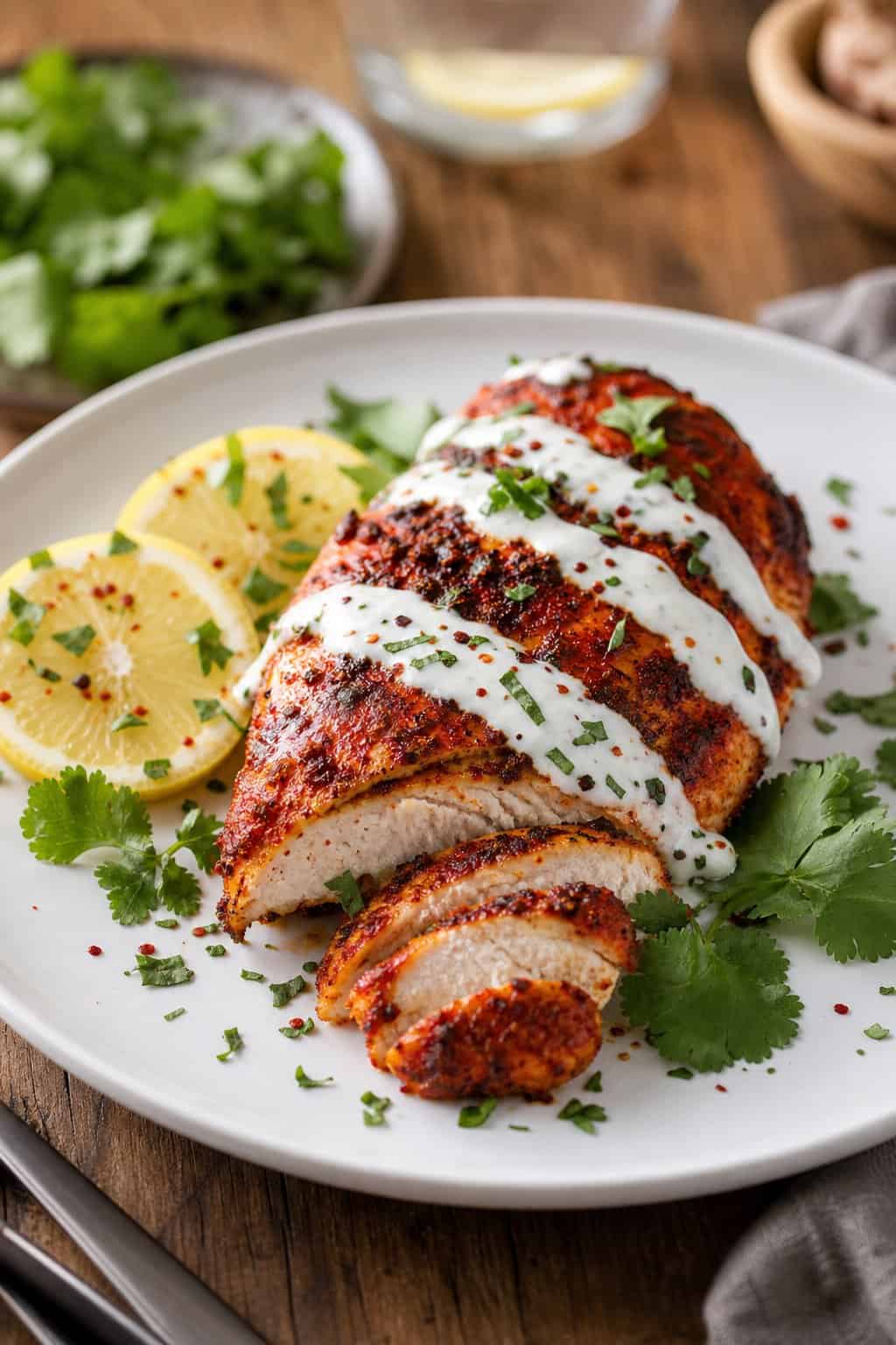 A plate with a spicy harissa-rubbed chicken breast topped with yogurt drizzle and garnished with fresh herbs and lemon slices.