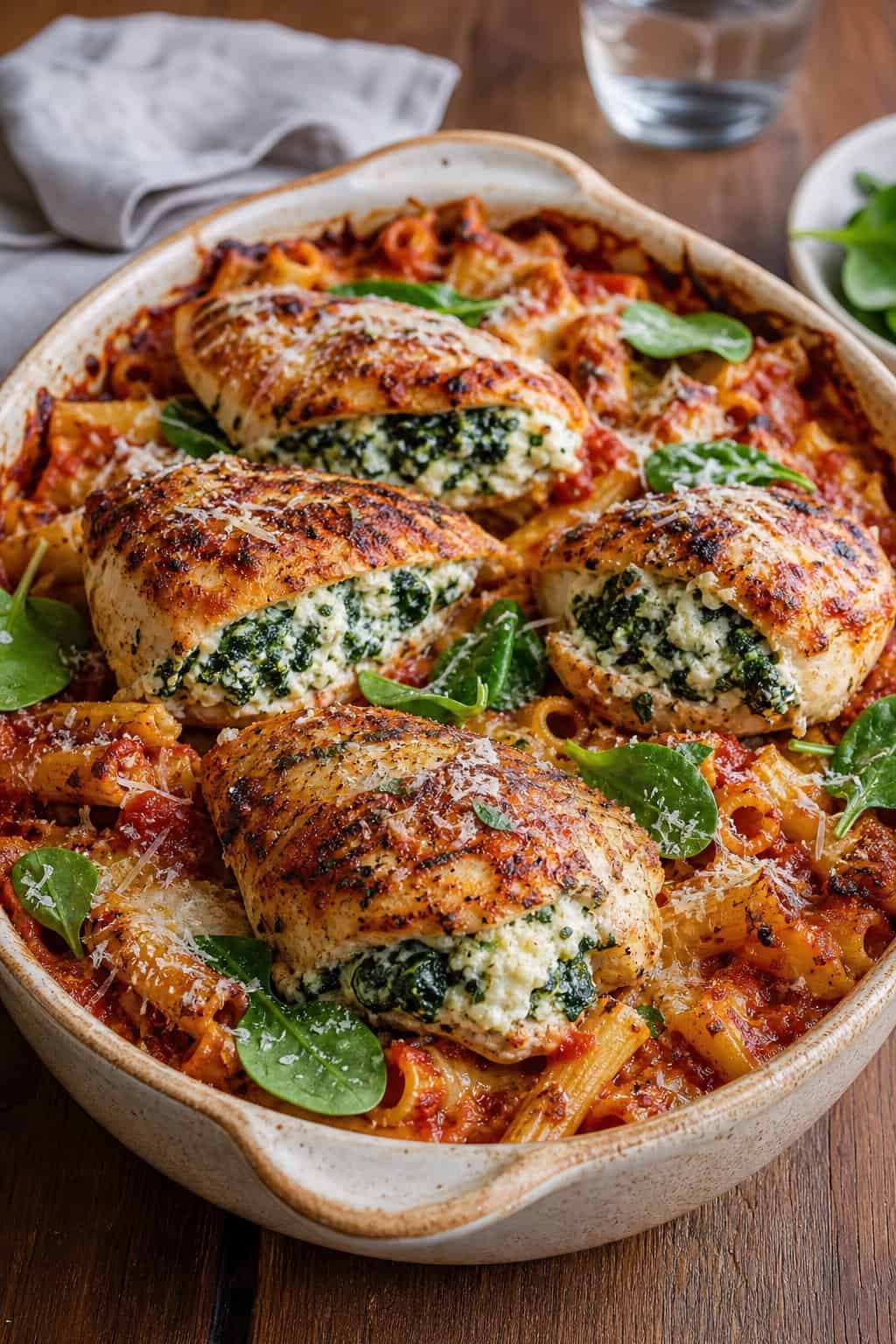 23 Pasta and Chicken Recipes You’ll Love to Make for Dinner! 16 A baked pasta dish with stuffed chicken breasts topped with melted cheese and spinach in a ceramic baking dish on a wooden table.