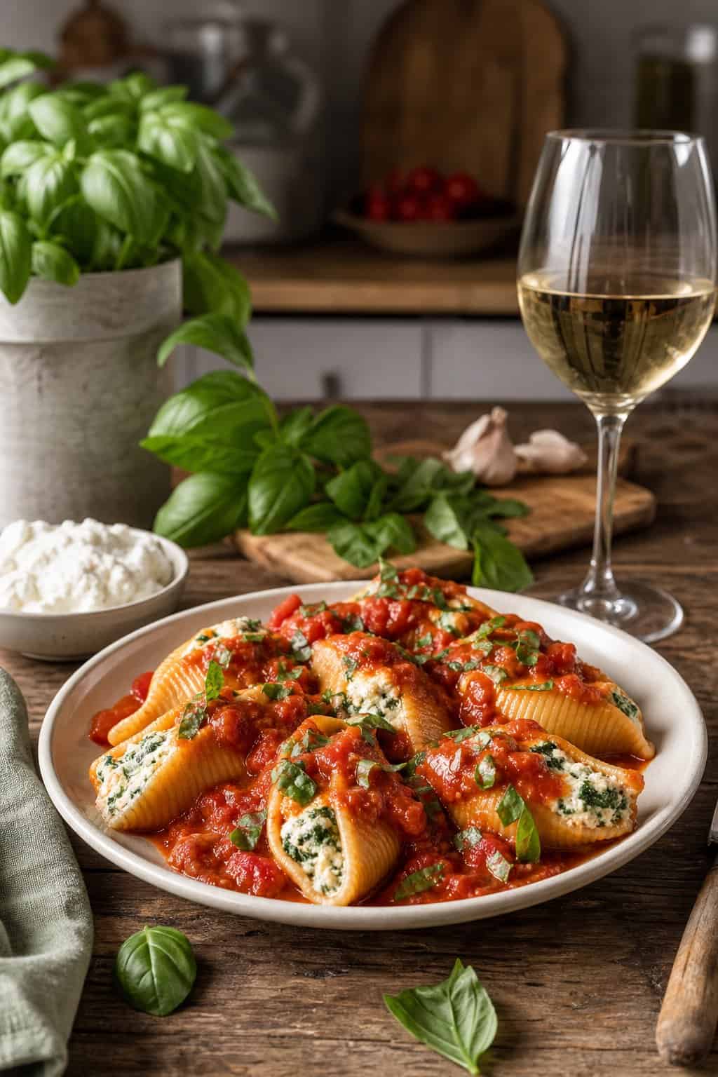A plate of spinach and ricotta stuffed pasta shells in tomato sauce garnished with basil stems on a wooden table with fresh basil leaves and a glass of white wine nearby.