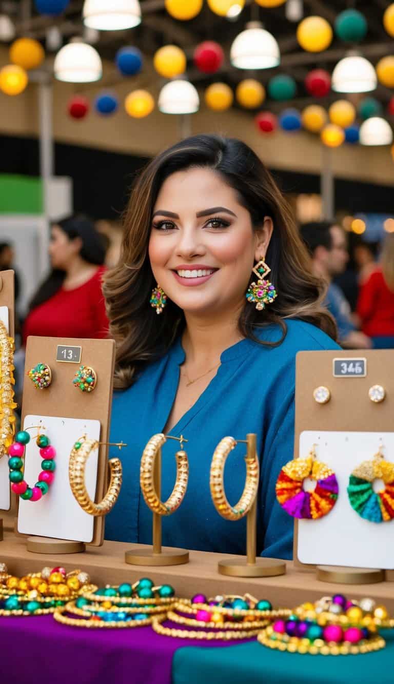 A festive display of hoop earrings with 13 plus size outfit ideas in a fair setting