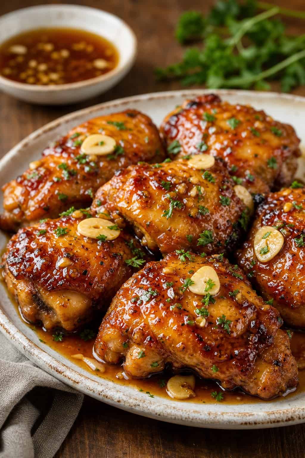A plate of sticky honey garlic baked chicken thighs garnished with parsley and garlic slices on a wooden table.