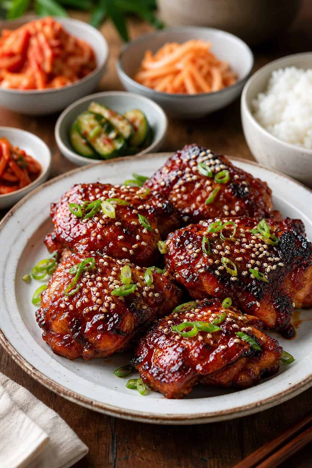 A plate of sticky Korean gochujang chicken thighs garnished with green onions and sesame seeds, served with bowls of kimchi, pickled vegetables, and steamed rice on a wooden table.