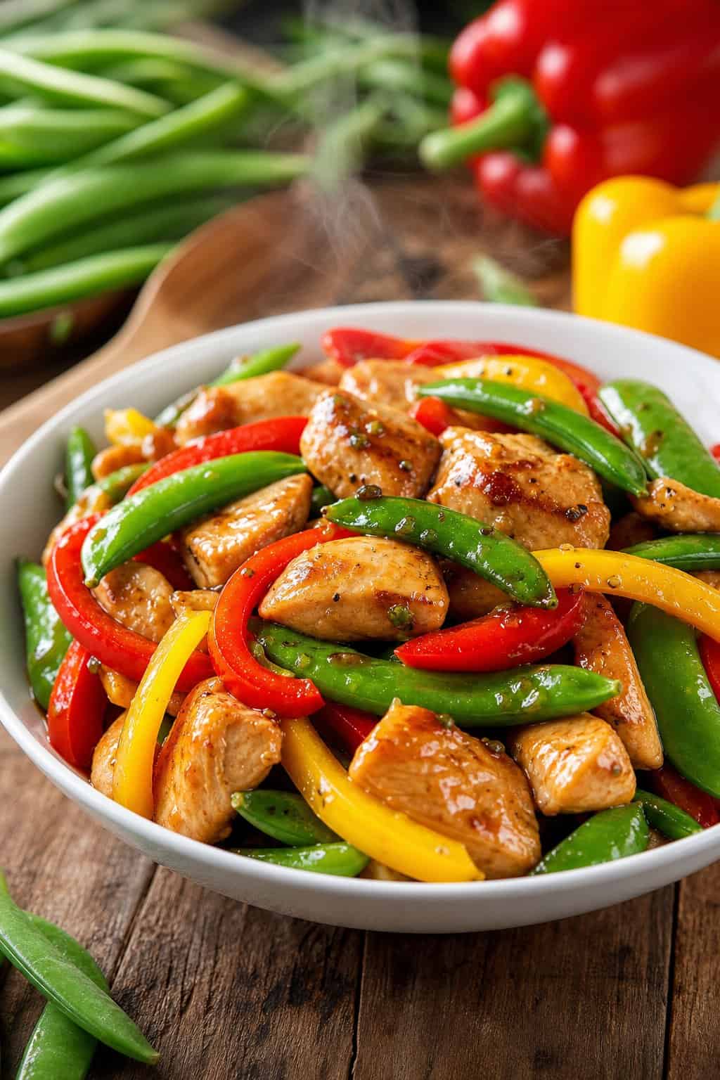 A bowl of stir-fry chicken with snap peas and red and yellow bell peppers on a wooden table.