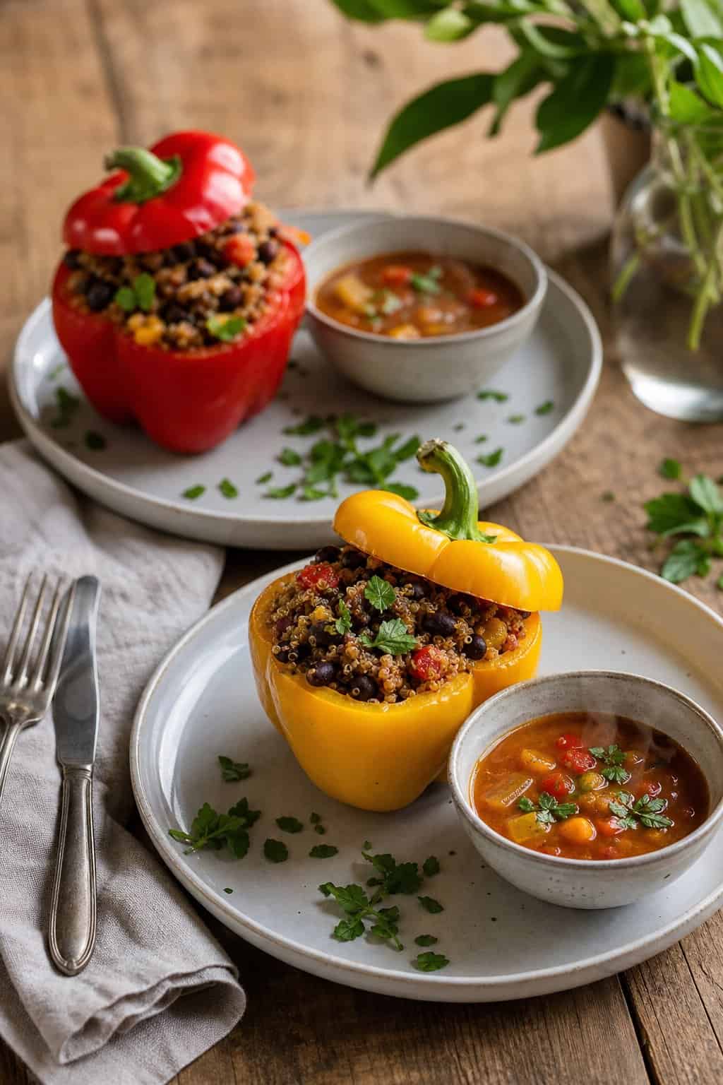 Two stuffed bell peppers filled with quinoa and black beans on a wooden table next to a bowl of vegetable soup made from pepper tops.
