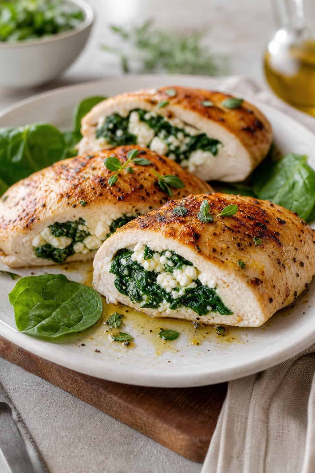 A plate of sliced stuffed chicken breasts filled with spinach and feta, garnished with fresh spinach leaves.