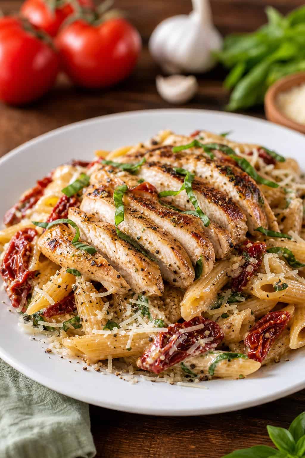 Plate of sun-dried tomato chicken pasta with grilled chicken, sun-dried tomatoes, basil, and Parmesan cheese on a wooden table.