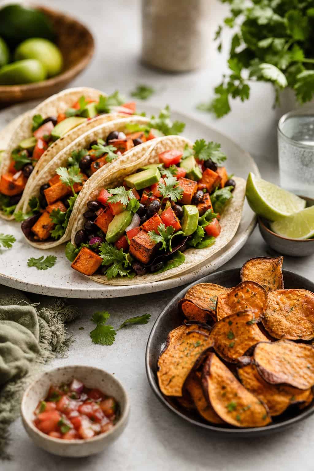 A plate with sweet potato and black bean tacos accompanied by a bowl of roasted sweet potato chips on a table.